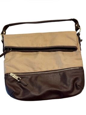 Vintage Franco Sarto Canvas Leather Fold Over Shoulder Bag in Beige/Dark Brown